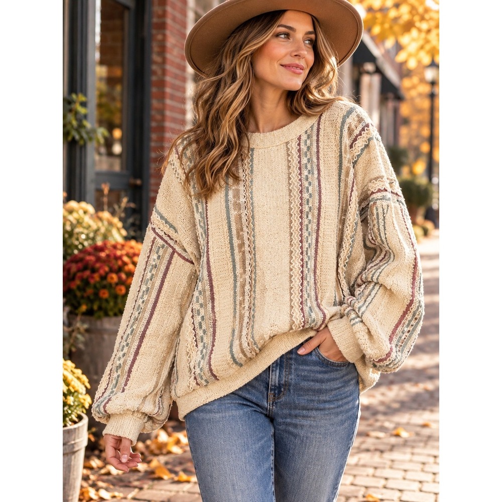 Vintage Allen Wah Sweater M Cotton Linen USA Textured Striped Boho Oversized